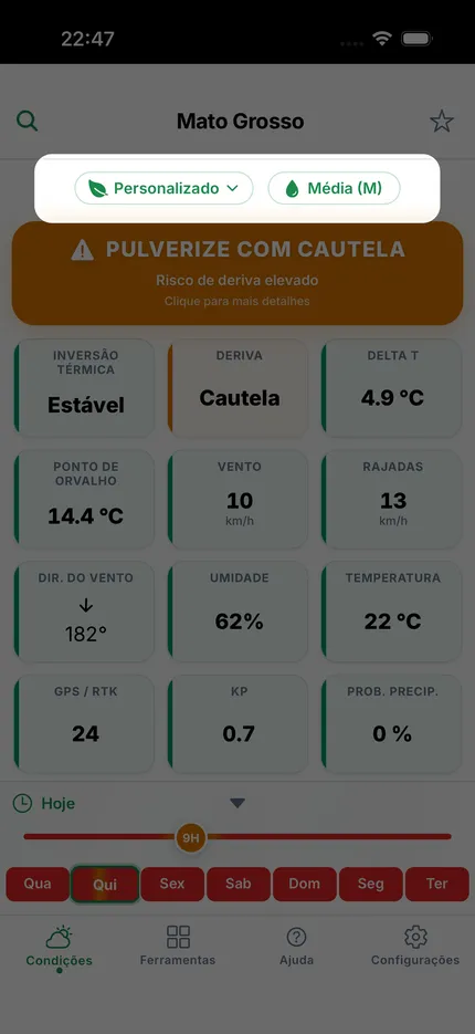 Seletor de presets de cultura com soja, milho, cana, algodão, trigo e café, cada um carregando seus limites de pulverização