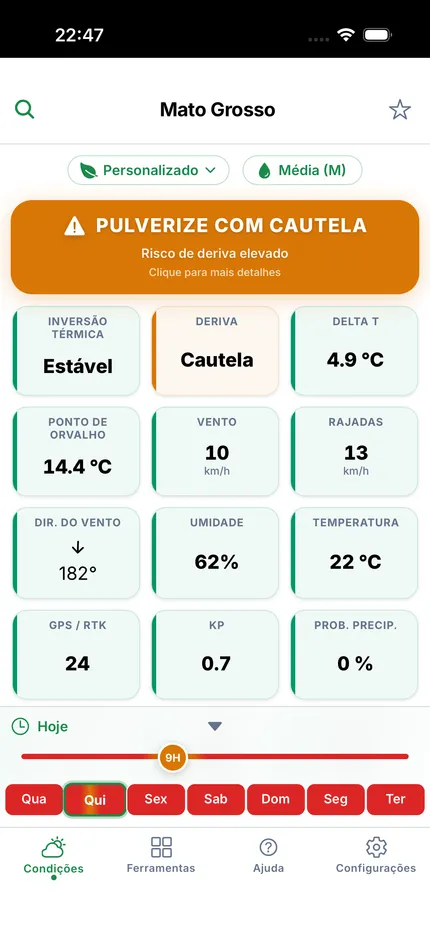 Tela inicial do PulveCast com o veredito de pulverização e cards de Delta T, umidade, vento e deriva