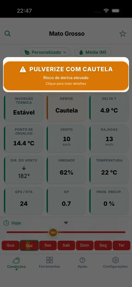 Tela do veredito de pulverização mostrando o status em semáforo e os parâmetros que o geraram